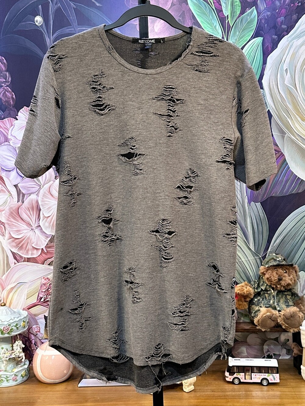 RusticDime L Gray Distressed Grunge Streetwear Casual Short Sleeve T-Shirt
